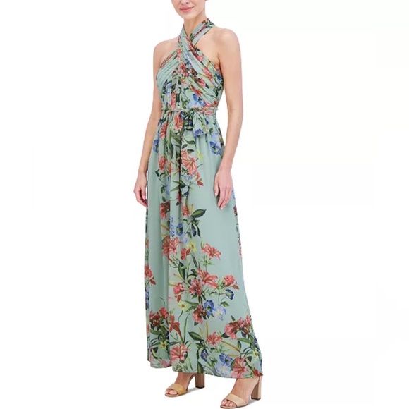 Eliza J Chic Floral Mint Green Halter Maxi Dress Sz 14 NWT - Picture 3 of 8
